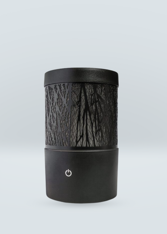 Willow Black Diffuser ultrasonic essential oil diffuser with black metal willow tree design and power button on base.