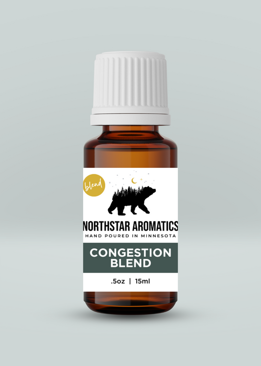 Amber bottle of Congestion Blend essential oil by Northstar Aromatics for respiratory support and congestion relief.