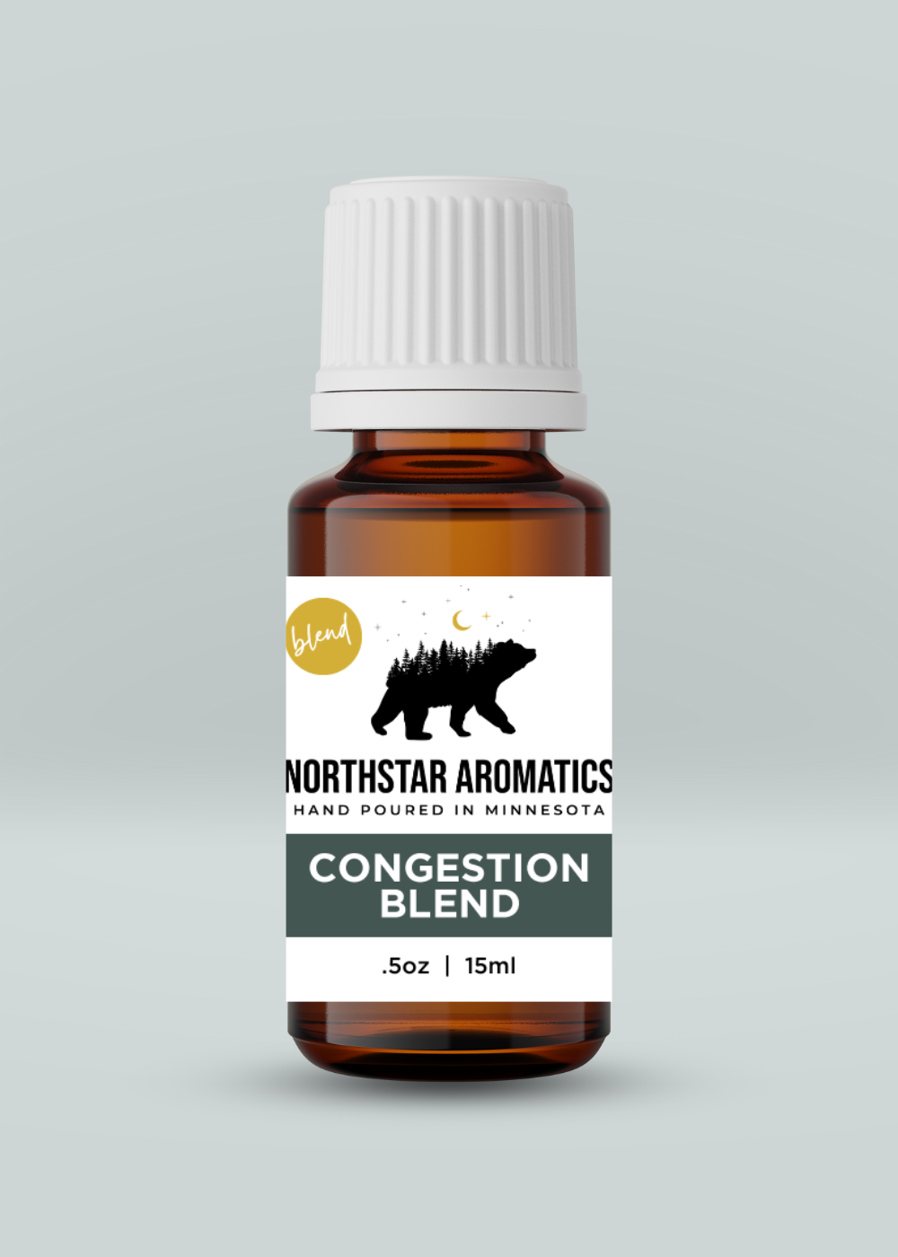 Amber bottle of Congestion Blend essential oil by Northstar Aromatics for respiratory support and congestion relief.