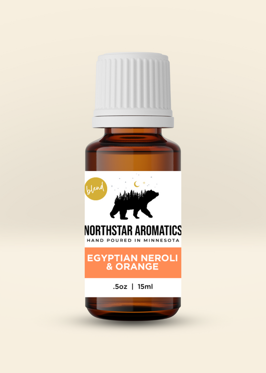 Egyptian Neroli Orange Blend essential oil bottle by Northstar Aromatics, 15ml amber glass with white cap.