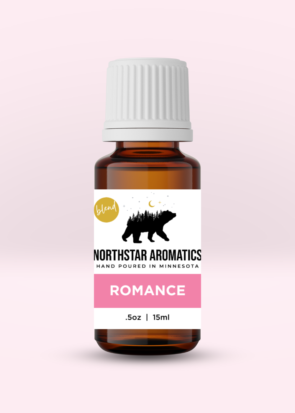 Romance Blend essential oil bottle by Northstar Aromatics with a pink label, 15ml amber glass bottle.