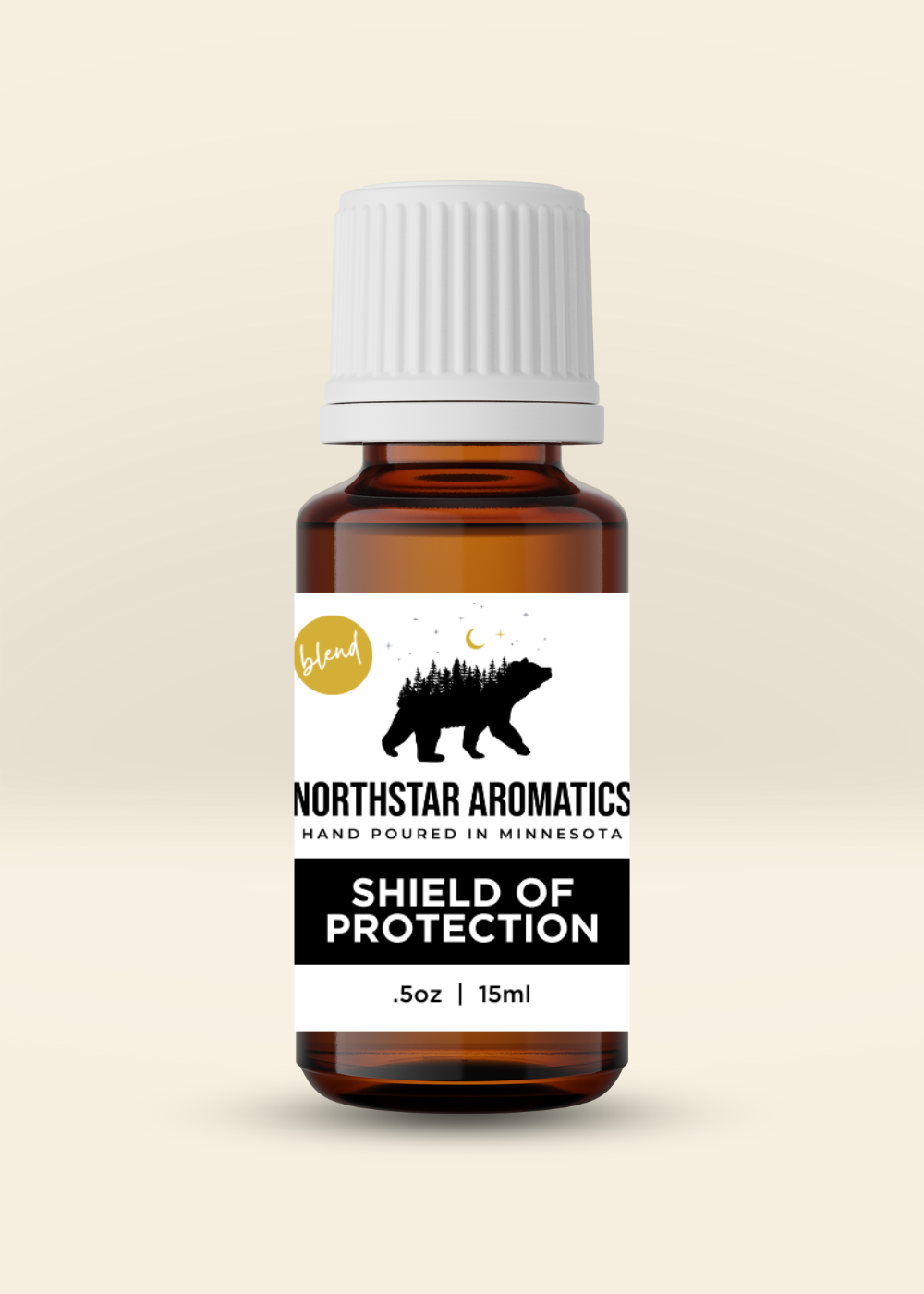 Shield of Protection Blend essential oil bottle by Northstar Aromatics, 15ml amber glass with white cap and label.