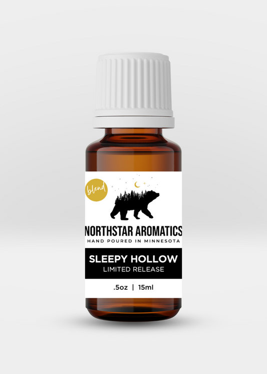 Sleepy Hollow Blend essential oil bottle by Northstar Aromatics, limited release, 15ml amber glass with white cap.