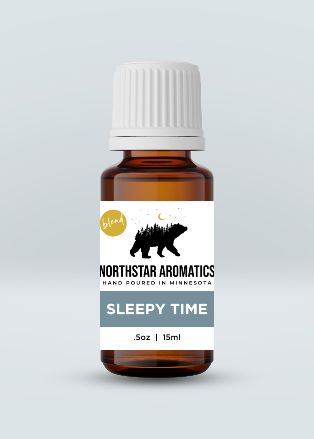 Sleepy Time Blend essential oil bottle by Northstar Aromatics for relaxation and restful sleep, 15ml amber glass bottle.