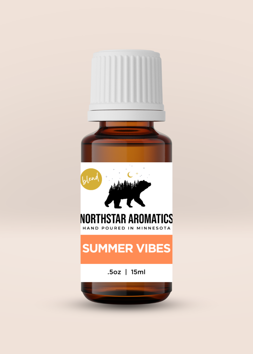 Amber glass bottle of Summer Vibes Blend essential oil by Northstar Aromatics, 15ml, fresh and uplifting aroma.