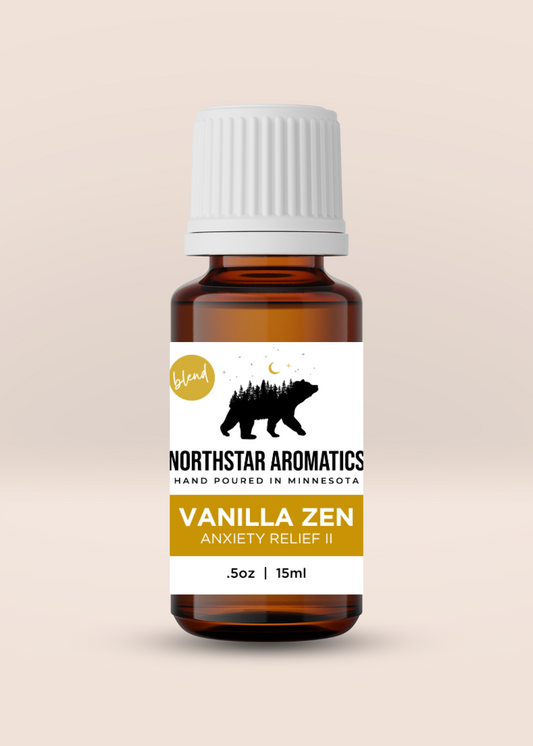 Amber glass bottle of Vanilla Zen Blend anxiety relief essential oil by Northstar Aromatics, 15ml size.