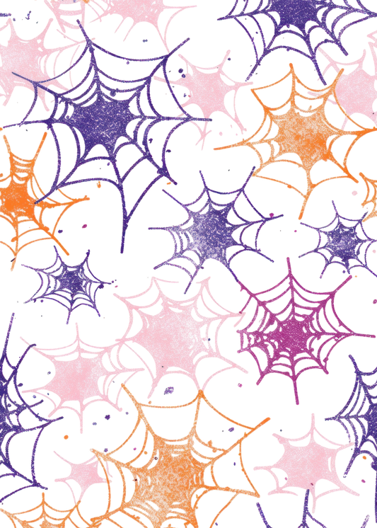 Halloween Collection decorative pattern of purple, pink, and orange spider webs on a translucent background.