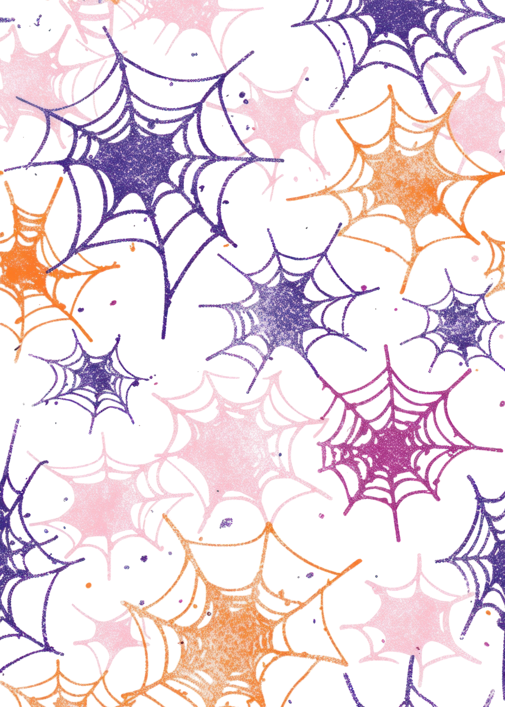 Halloween Collection decorative pattern of purple, pink, and orange spider webs on a translucent background.