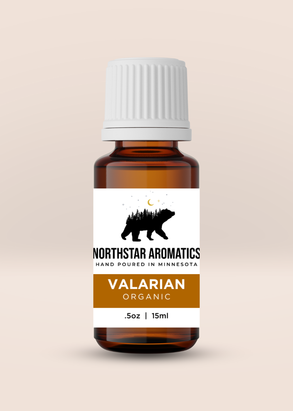 Amber glass 15ml bottle of organic Valarian essential oil with white cap and Northstar Aromatics label on light background