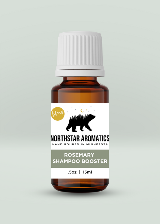 Rosemary Shampoo Booster essential oil blend bottle supporting hair growth and healthy scalp care by Northstar Aromatics.