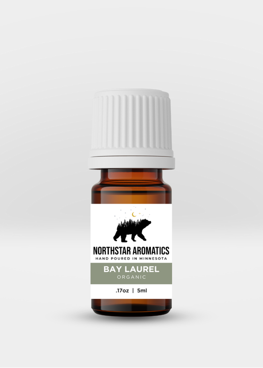 Bay Laurel organic essential oil bottle by Northstar Aromatics, amber glass with white cap, 5ml size.