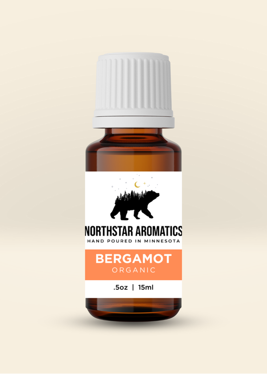 Bergamot, Organic essential oil bottle by Northstar Aromatics, 15ml amber glass with white cap and label.