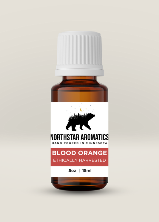 Blood Orange essential oil bottle by Northstar Aromatics with ethically harvested therapeutic citrus aroma, 15ml size.