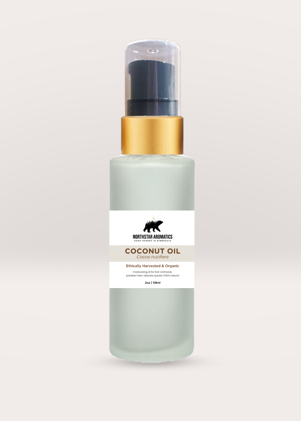 Bottle of organic fractionated coconut oil with pump dispenser on plain background