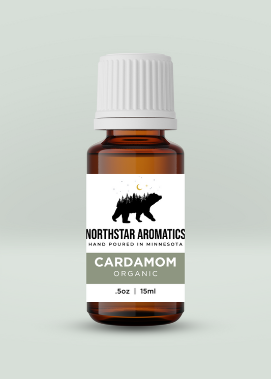Cardamom organic essential oil bottle by Northstar Aromatics for digestive support and muscle relaxation.