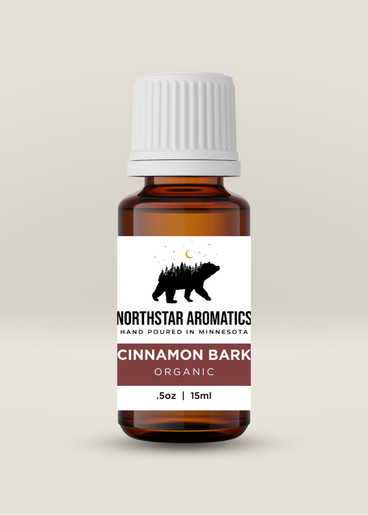 Cinnamon Bark essential oil bottle by Northstar Aromatics, organic, 15ml for seasonal home scents and immune support.