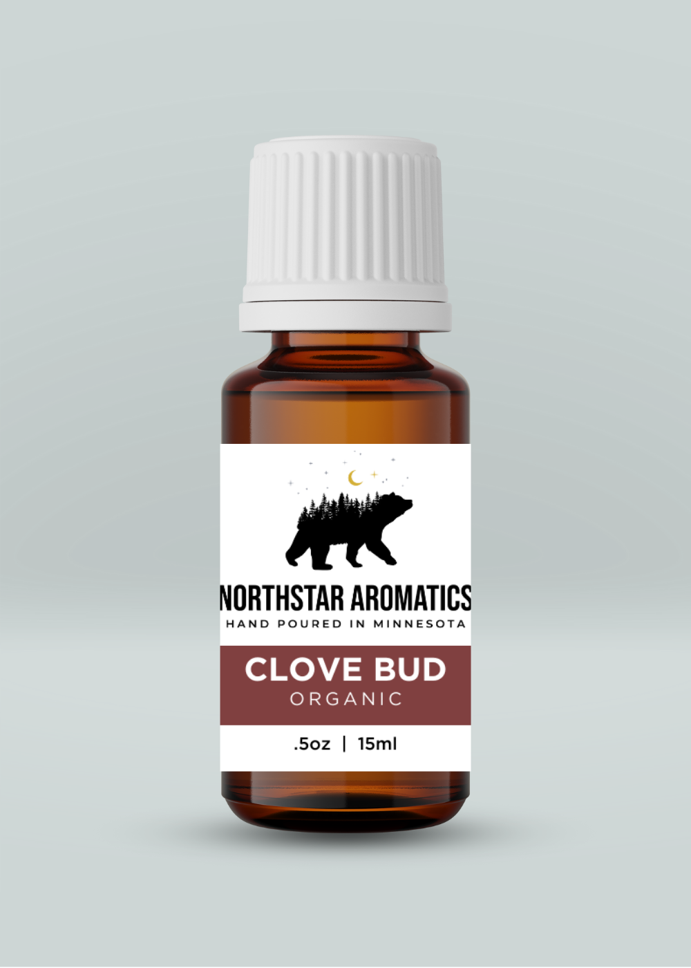 Clove Bud, Organic essential oil bottle by Northstar Aromatics, 15ml amber glass with white cap.