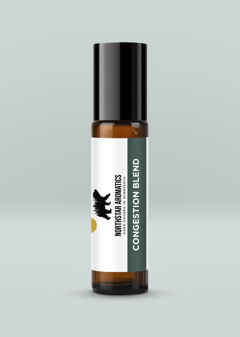 Congestion Blend Roll-On in amber glass bottle with black cap for soothing respiratory support and congestion relief.