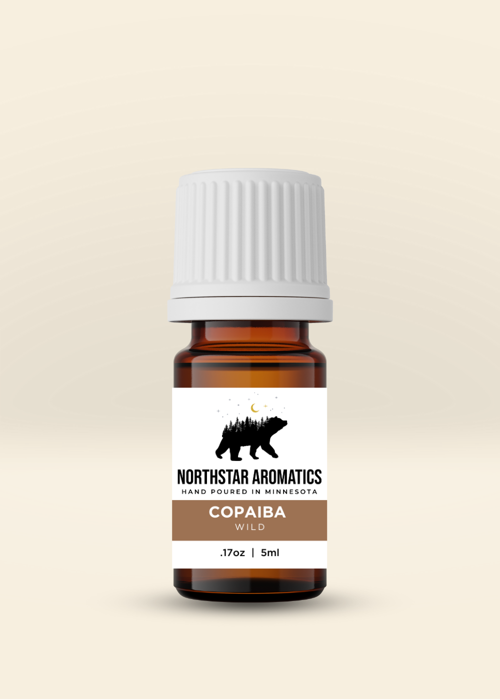 Copaiba Balsam, Wild essential oil by Northstar Aromatics in 5ml amber bottle for soothing and relaxing muscles.