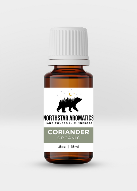 Coriander essential oil bottle by Northstar Aromatics, organic, 15ml, known to support appetite and relaxation.