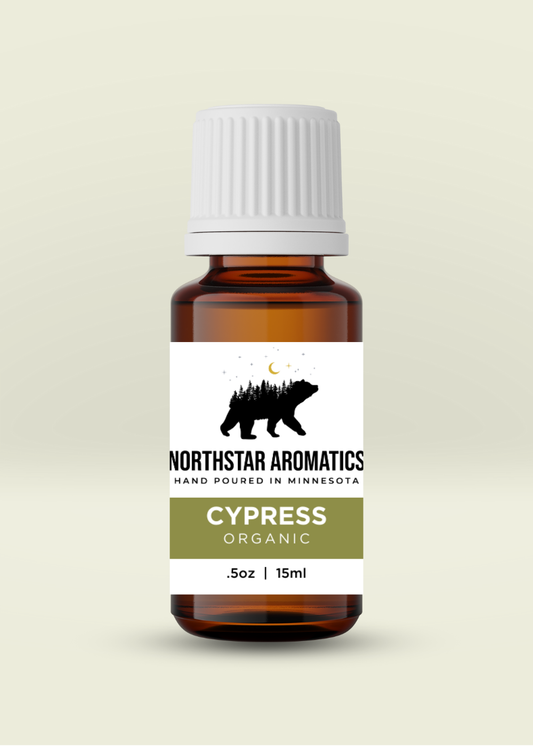 Cypress organic essential oil bottle by Northstar Aromatics for emotional balance and respiratory support.