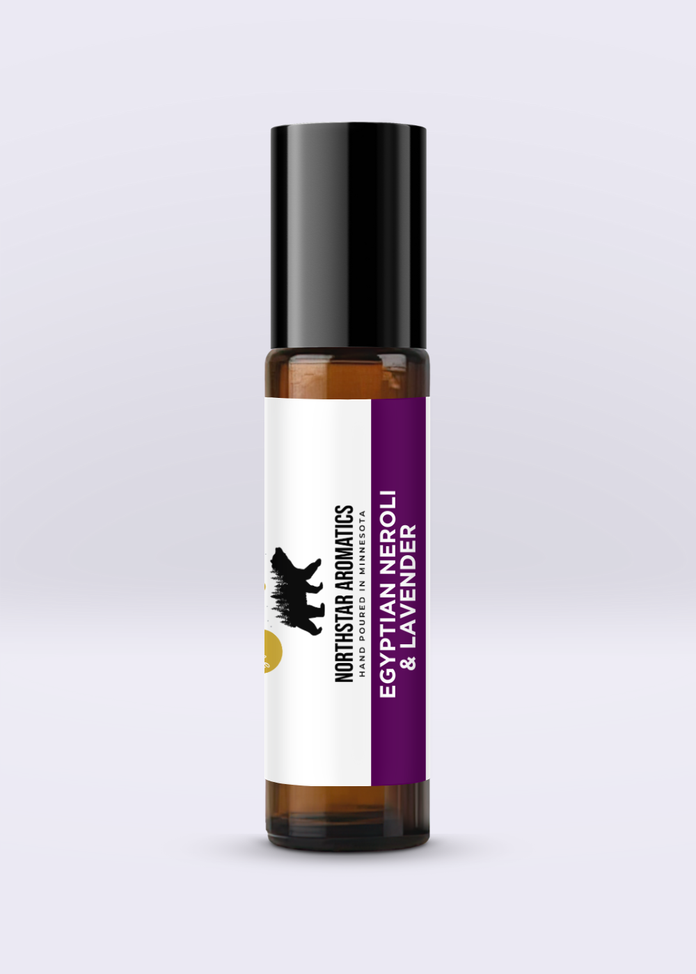 Egyptian Neroli & Lavender Roll-On in amber bottle with black cap and white and purple label.