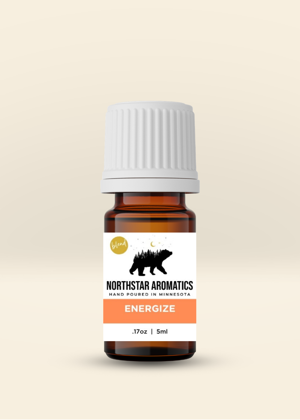 Northstar Aromatics Energize essential oil stock blend in a 5 mL bottle, featuring bright citrus, cool mint and fresh herbal notes.