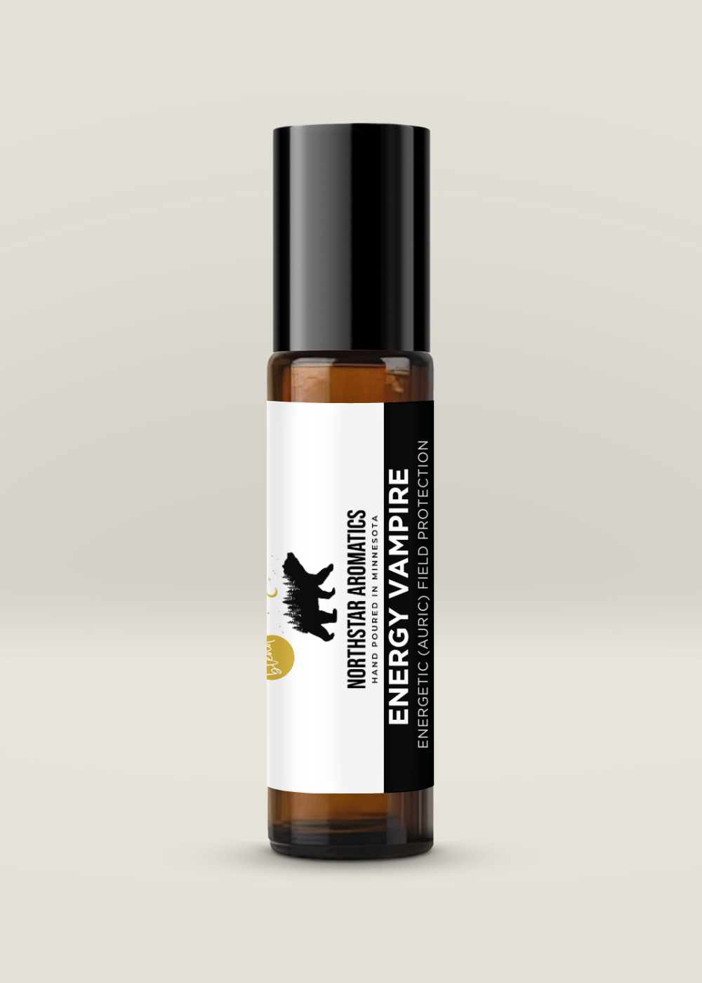 Amber roll-on bottle labeled Energy Vampire with black cap for energetic field protection against toxic energy
