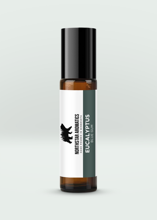 Eucalyptus Roll-On bottle with black cap, labeled for natural eucalyptus essential oil relief and muscle relaxation.