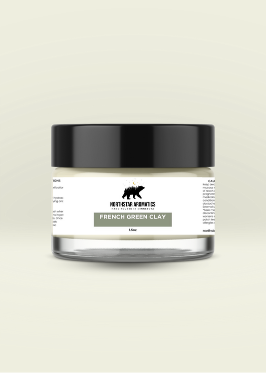 French Green Clay in eco-friendly glass jar by Northstar Aromatics for skin detox and purifying care, 1.5oz.
