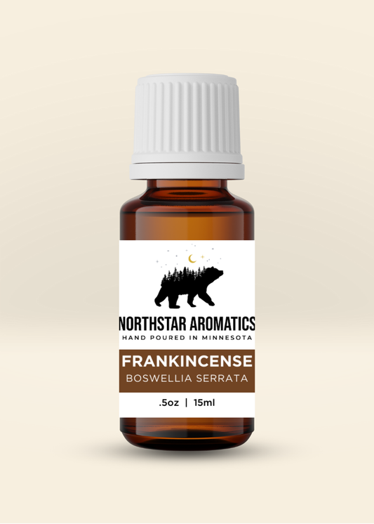 Frankincense Serrata essential oil bottle by Northstar Aromatics for joint pain relief and respiratory support, 15ml.