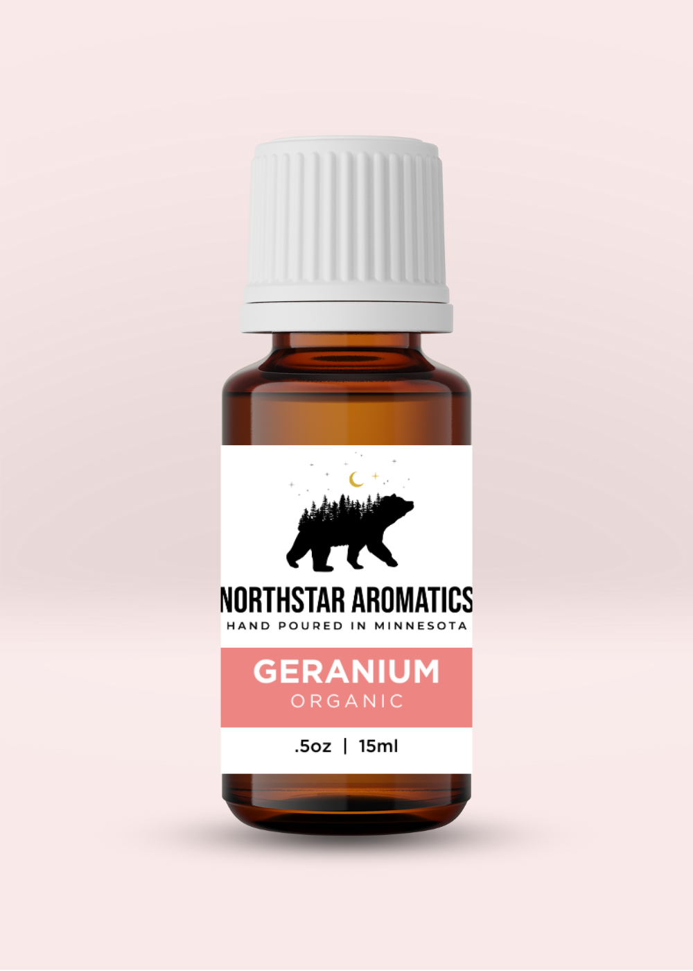 Geranium Organic essential oil bottle by Northstar Aromatics, 15ml for emotional balance and women's health support.