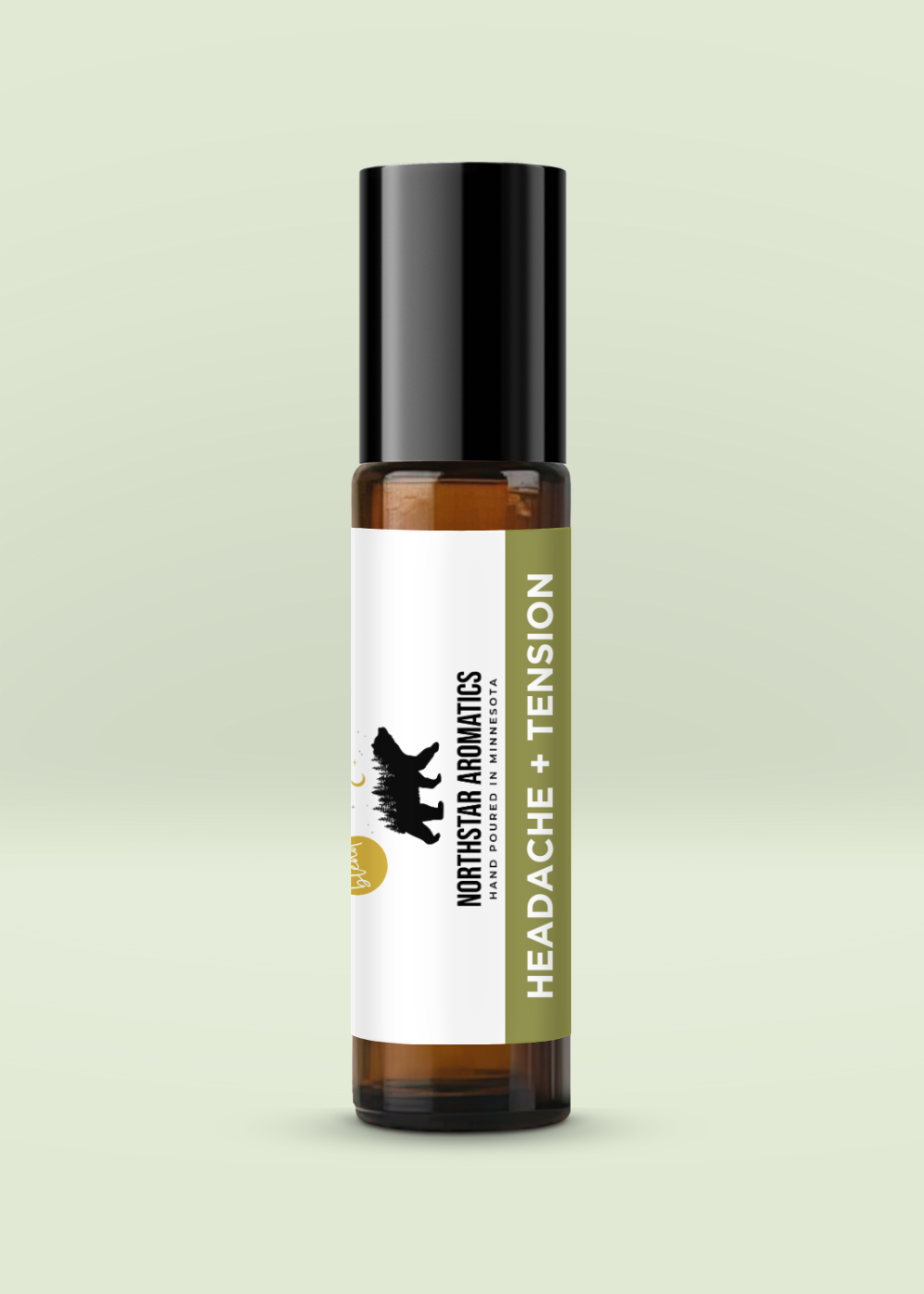 Headache + Tension Roll-On essential oil blend in amber bottle with black cap for natural headache and tension relief.