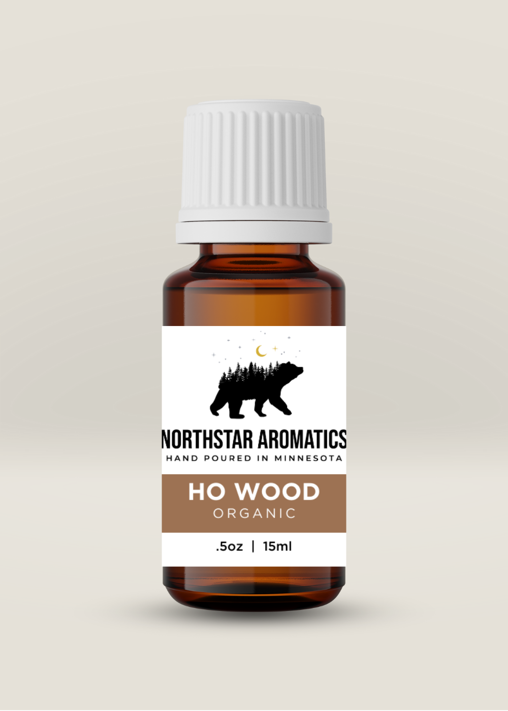 Ho Wood essential oil bottle by Northstar Aromatics for stress relief and promoting restful sleep, 15ml organic blend.