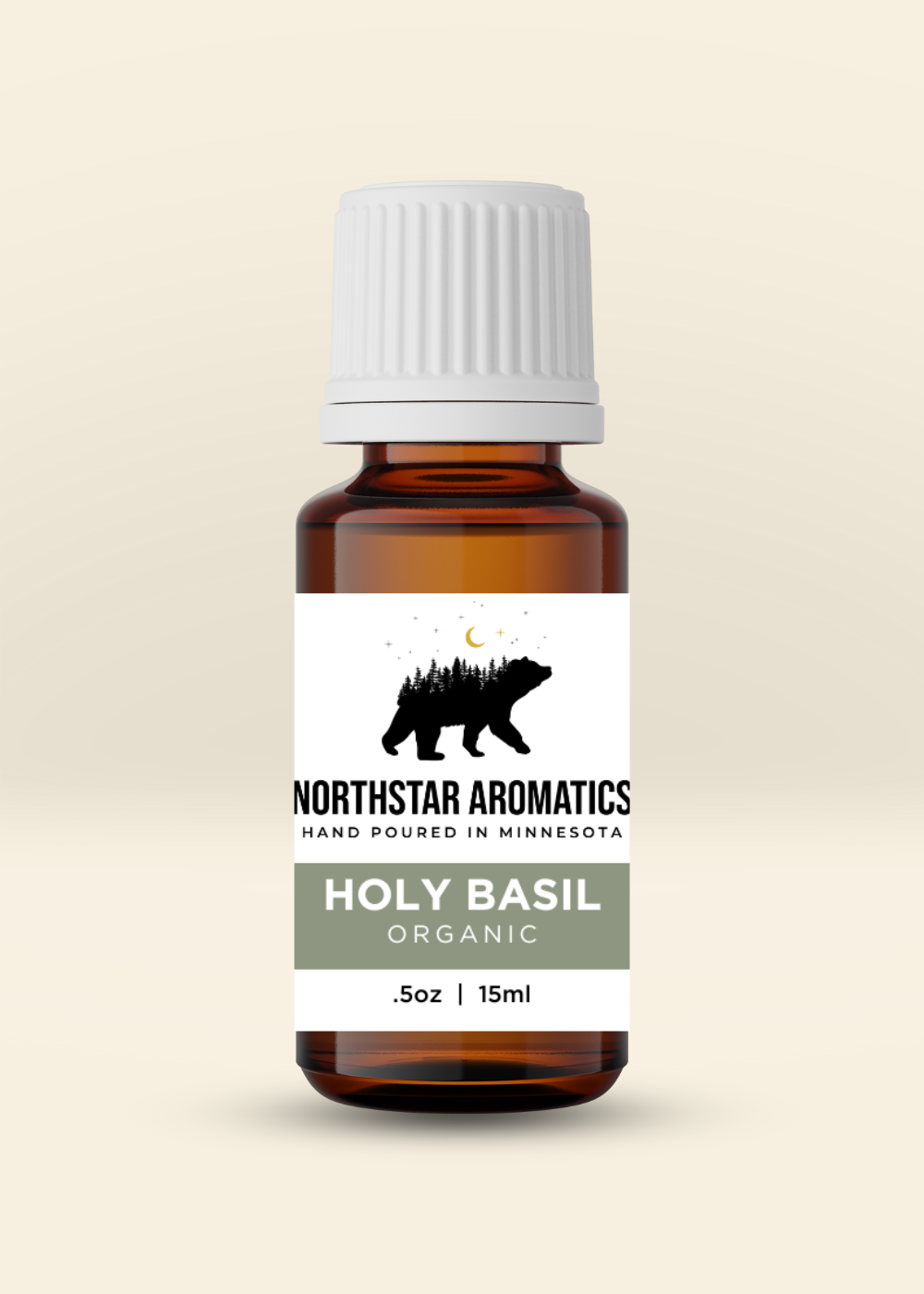 Holy Basil essential oil bottle by Northstar Aromatics, organic, 15ml amber glass with white cap.
