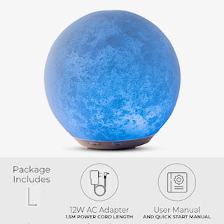 Moonglow Diffuser with rotating blue light and sleek design, perfect for natural essential oil mist and home decor.