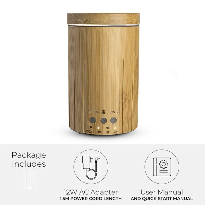 Bamboo Diffuser ultrasonic oil diffuser with 14-hour run time, timer, and sustainable bamboo design for home or office use.