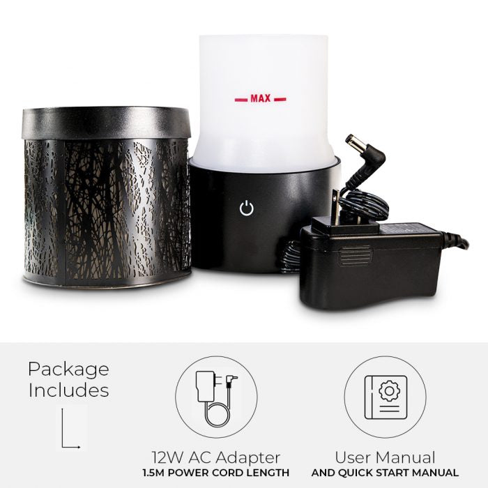 Willow Black Diffuser with black metal design, willow tree cut-outs, 12W AC adapter, and user manual included.