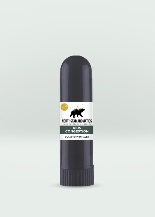 Kids Congestion Blend Inhaler in black tube for calming respiratory support and congestion relief for kids.