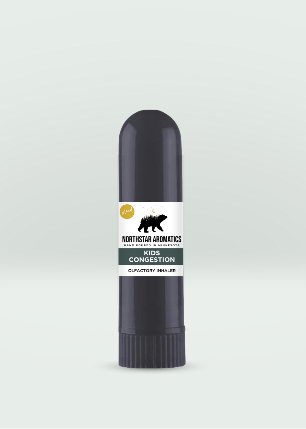 Kids Congestion Blend Inhaler in black tube for calming respiratory support and congestion relief for kids.