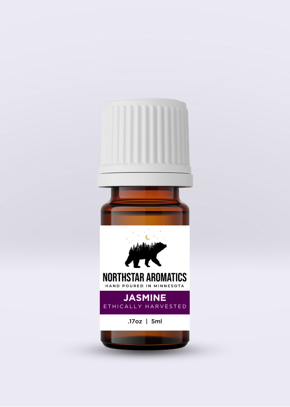 Jasmine essential oil bottle from Northstar Aromatics, 5ml, ethically harvested for aromatherapy and fragrances.