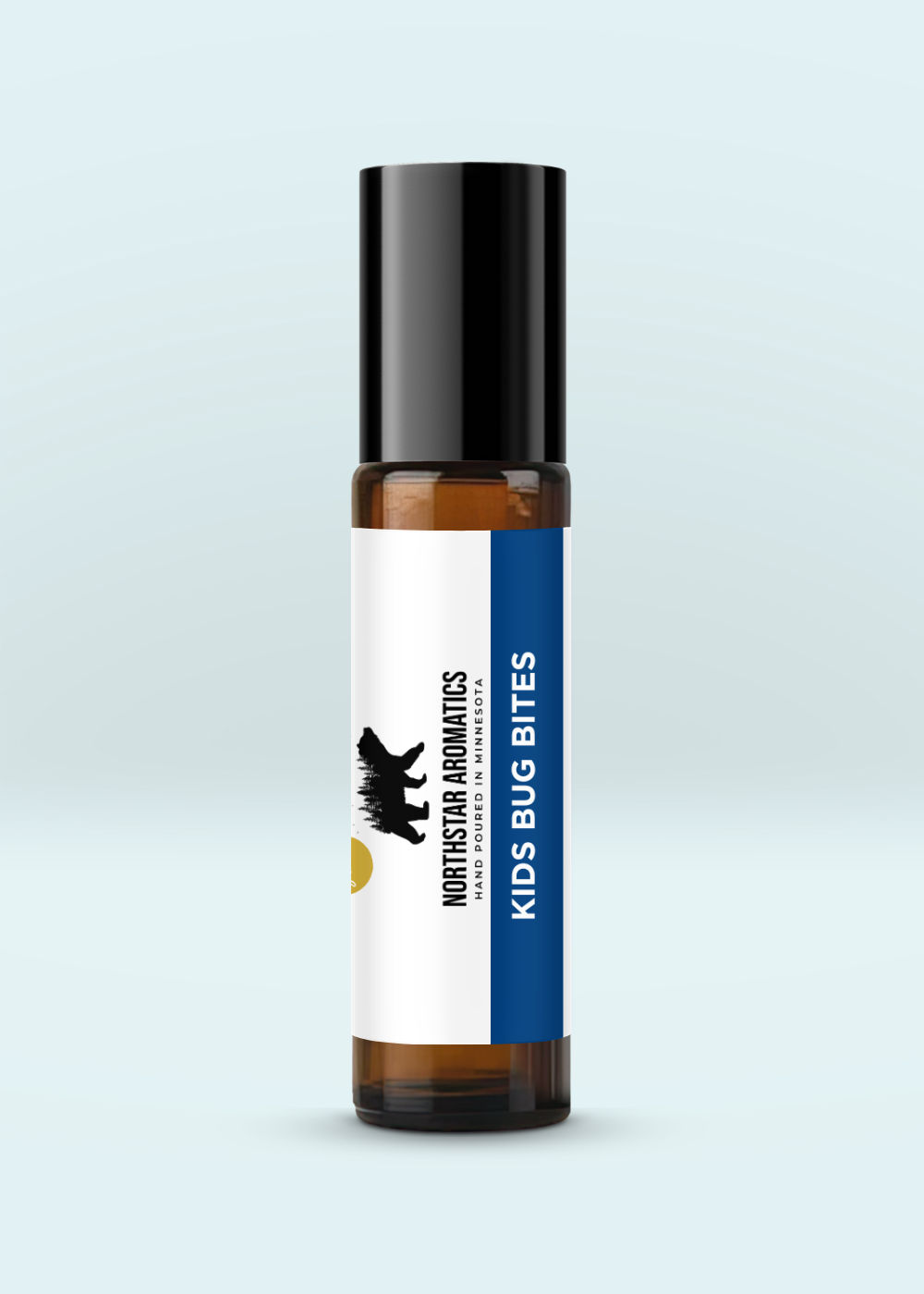 Kids Bug Bite Roll-On in amber bottle with black cap, designed for soothing and treating children's bug bites.