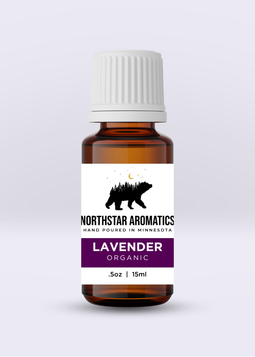 Lavender Organic essential oil bottle by NorthStar Aromatics in 15ml amber glass with white cap and purple label.