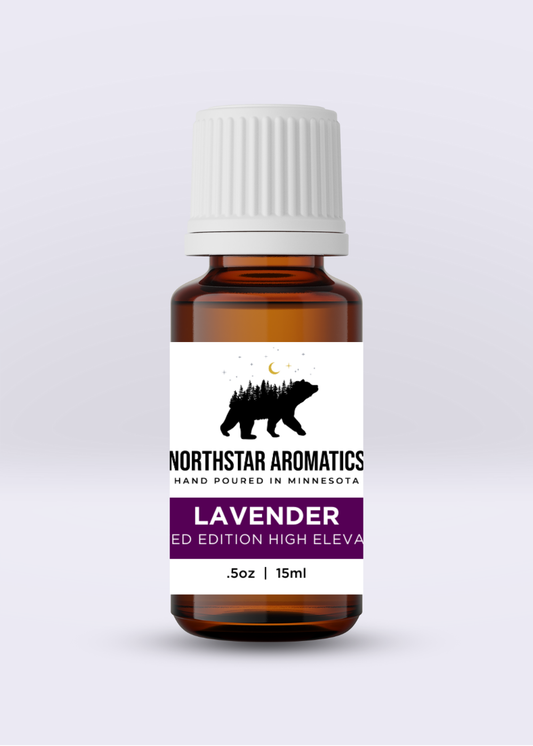 Amber glass bottle of Lavender High Elevation essential oil by Northstar Aromatics with white cap on light background