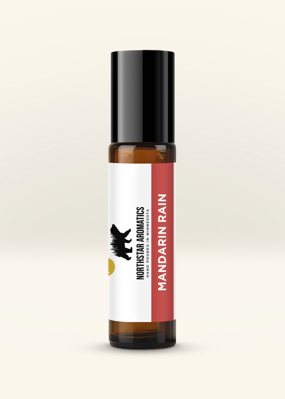 Mandarin Rain Roll-On amber bottle with black cap and white red label from Northstar Aromatics.
