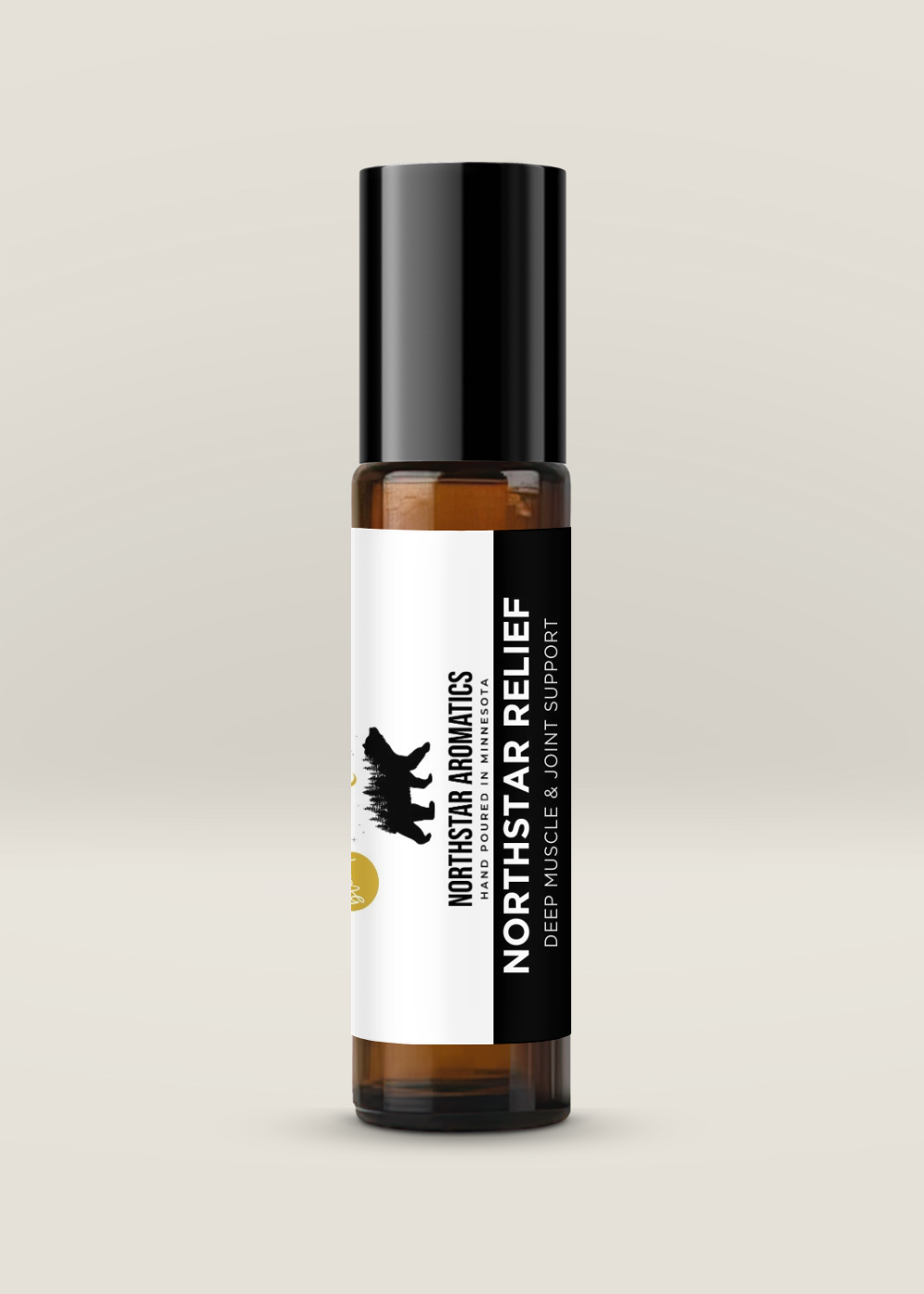 Northstar Aromatics Northstar Relief roll-on essential oil blend in amber glass bottle for muscle and joint support, small batch aromatherapy from Minnesota