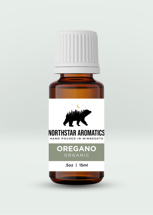 Oregano organic essential oil bottle by Northstar Aromatics for immune support and muscle relaxation.
