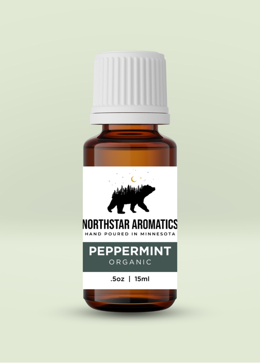Peppermint Organic essential oil bottle by Northstar Aromatics with fresh and clean minty aromas, 15ml size.