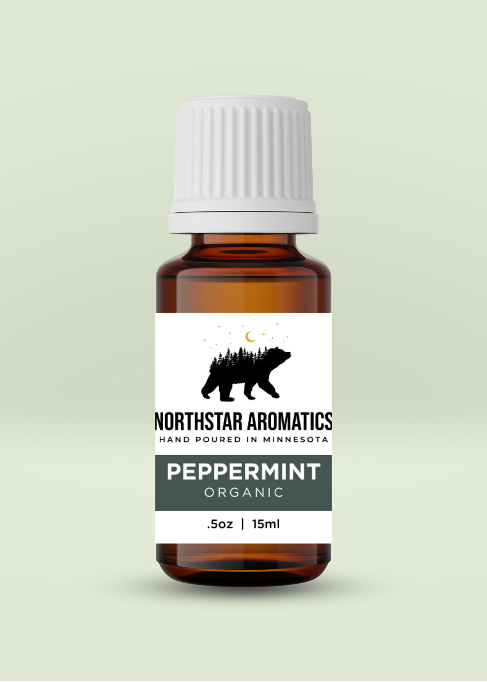 Peppermint Organic essential oil bottle by Northstar Aromatics with fresh and clean minty aromas, 15ml size.