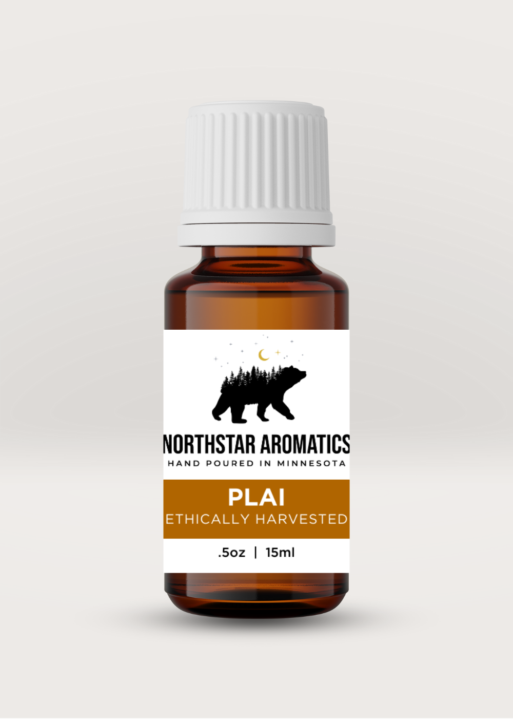 Plai essential oil bottle by Northstar Aromatics, 15ml amber glass with white cap for topical pain relief.